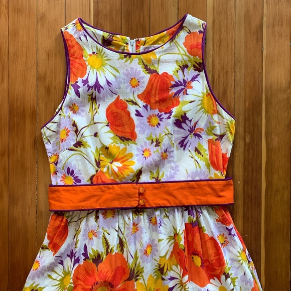 70s belted floral maxi dress orange purple M - Picture 2 of 5